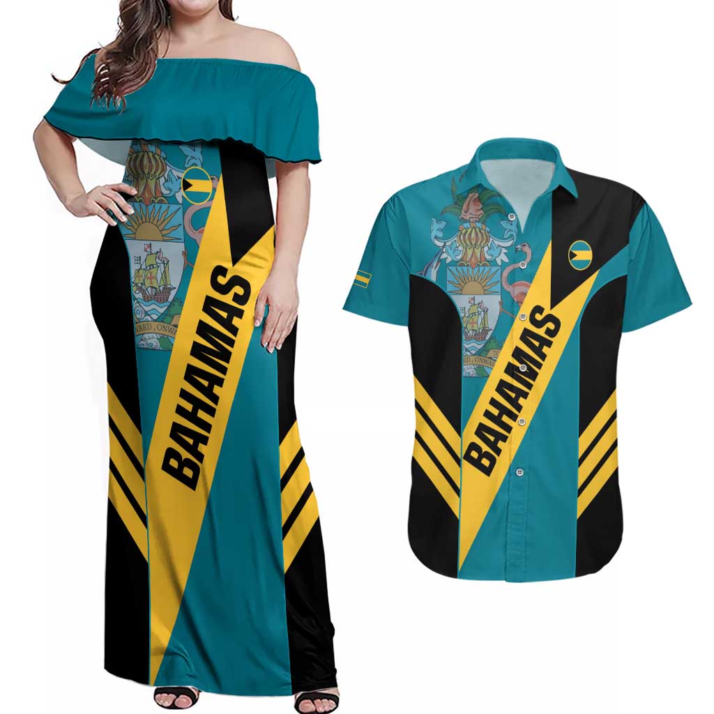 Custom Bahamas Football Couples Matching Off Shoulder Maxi Dress and Hawaiian Shirt Go Bahamian Slayersz