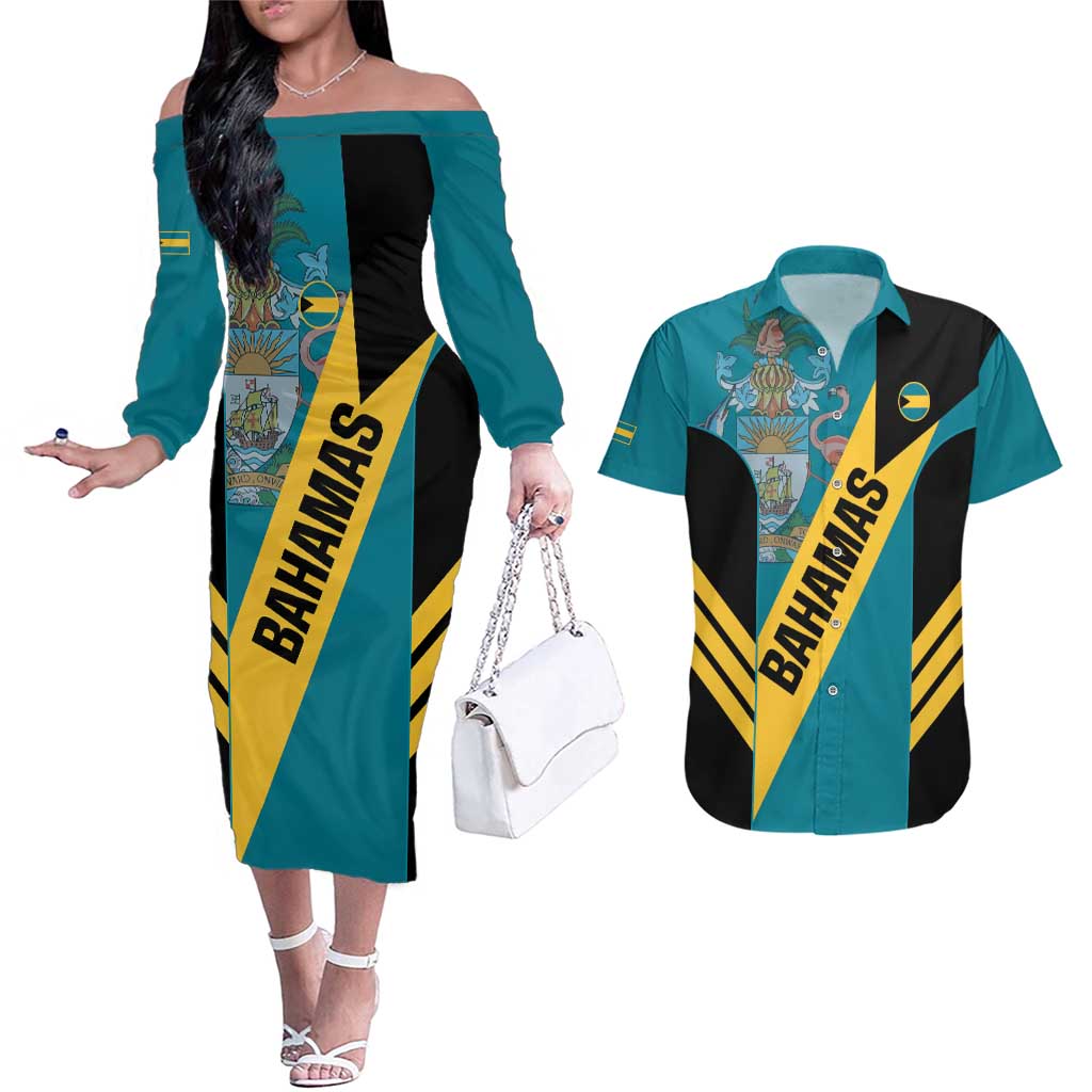 Custom Bahamas Football Couples Matching Off The Shoulder Long Sleeve Dress and Hawaiian Shirt Go Bahamian Slayersz