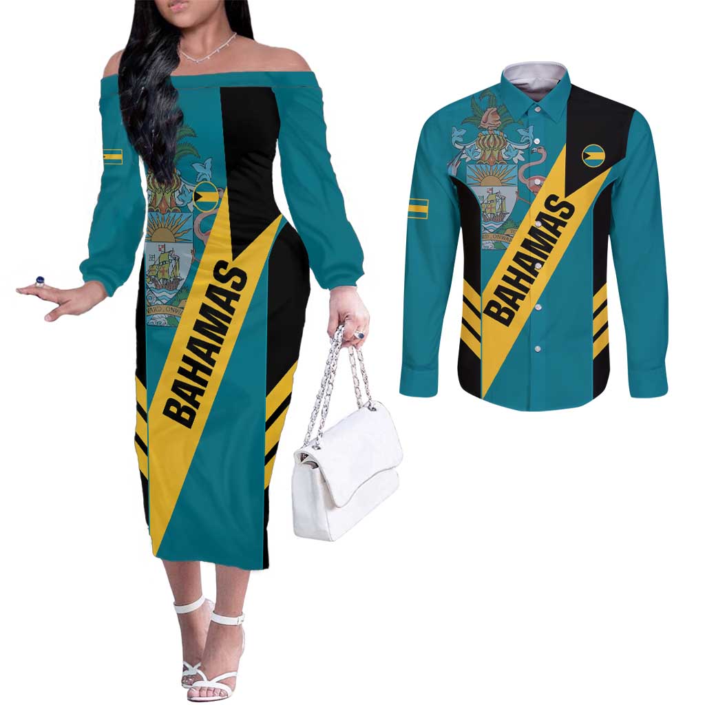 Custom Bahamas Football Couples Matching Off The Shoulder Long Sleeve Dress and Long Sleeve Button Shirt Go Bahamian Slayersz