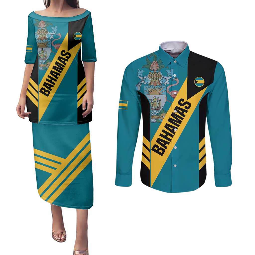 Custom Bahamas Football Couples Matching Puletasi and Long Sleeve Button Shirt Go Bahamian Slayersz