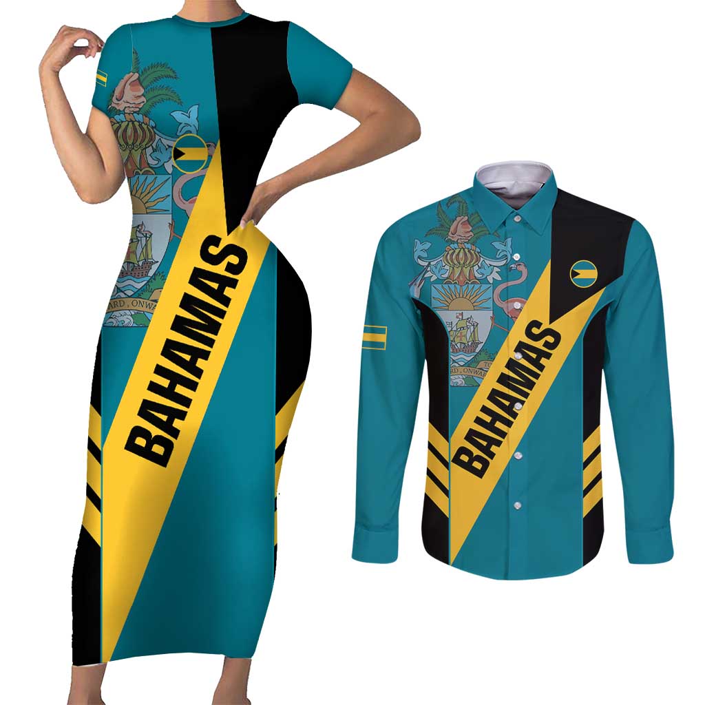 Custom Bahamas Football Couples Matching Short Sleeve Bodycon Dress and Long Sleeve Button Shirt Go Bahamian Slayersz