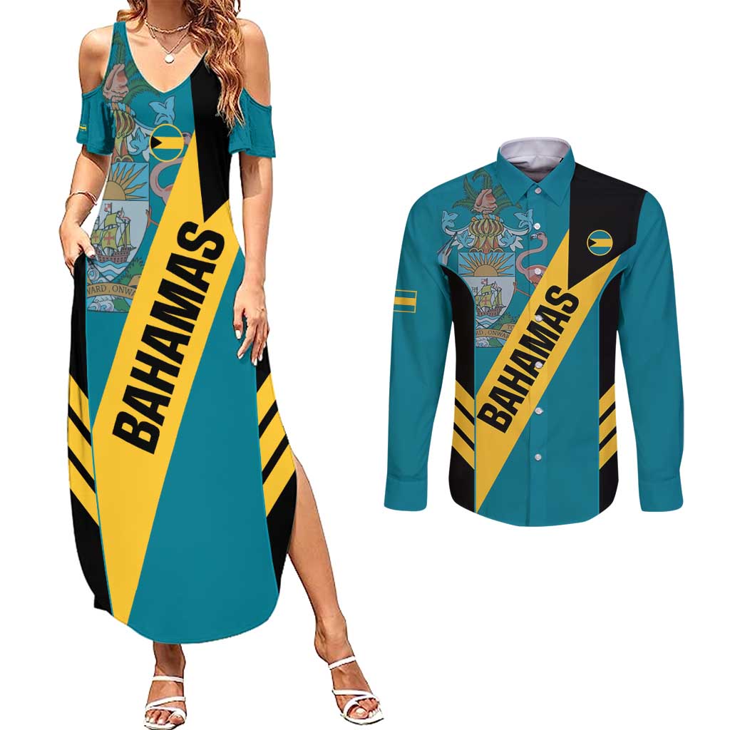 Custom Bahamas Football Couples Matching Summer Maxi Dress and Long Sleeve Button Shirt Go Bahamian Slayersz