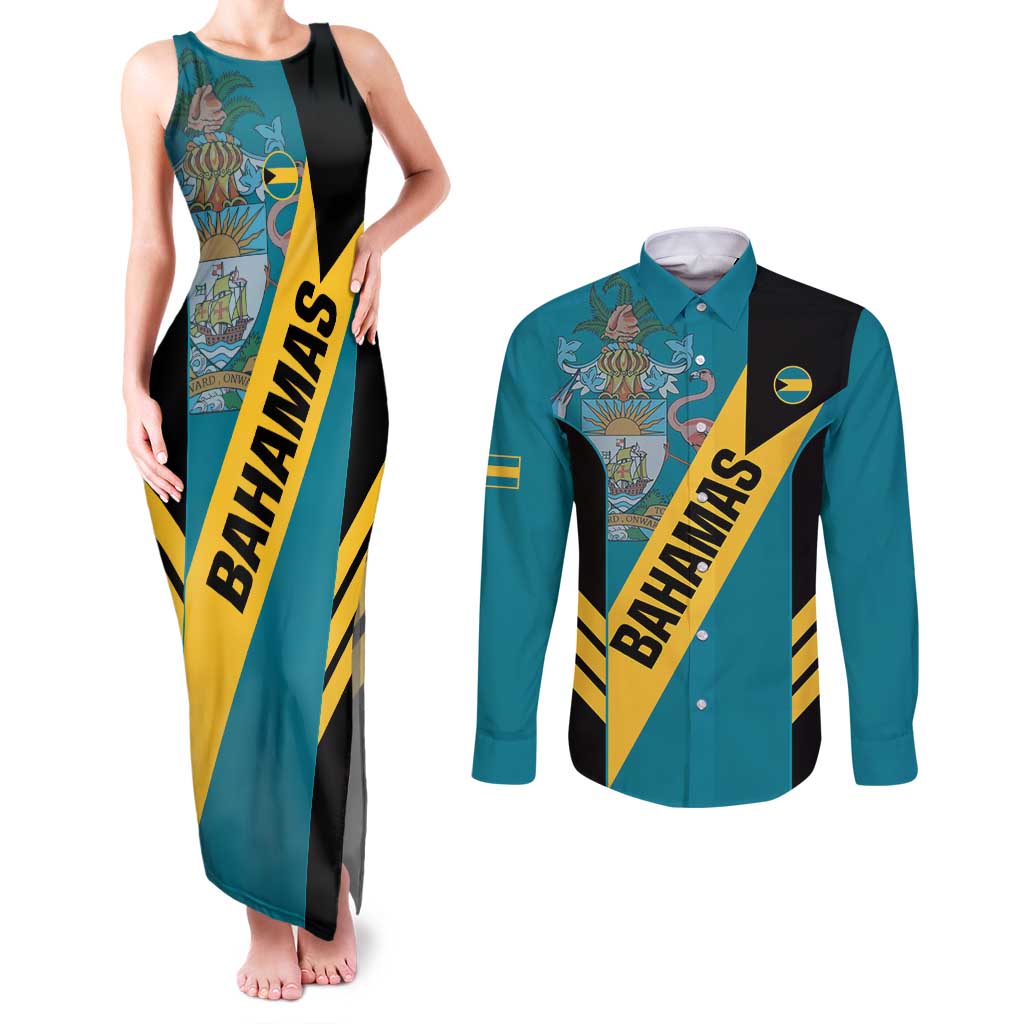 Custom Bahamas Football Couples Matching Tank Maxi Dress and Long Sleeve Button Shirt Go Bahamian Slayersz