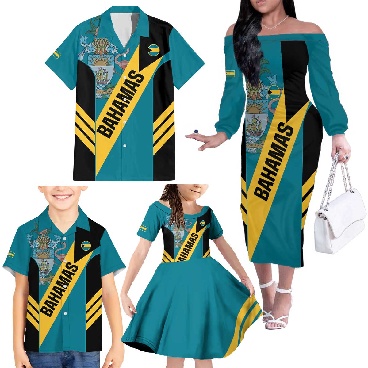 Custom Bahamas Football Family Matching Off The Shoulder Long Sleeve Dress and Hawaiian Shirt Go Bahamian Slayersz