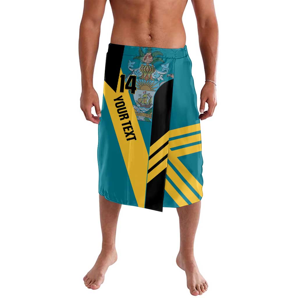 Teal Bahamas football lavalava with yellow No.14 graphic and side panel