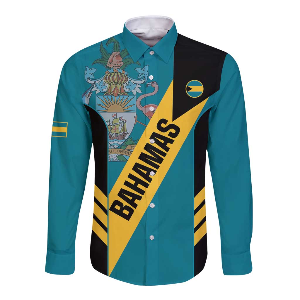 Aquamarine long-sleeve football button-down shirt with yellow diagonal stripe and crest graphic