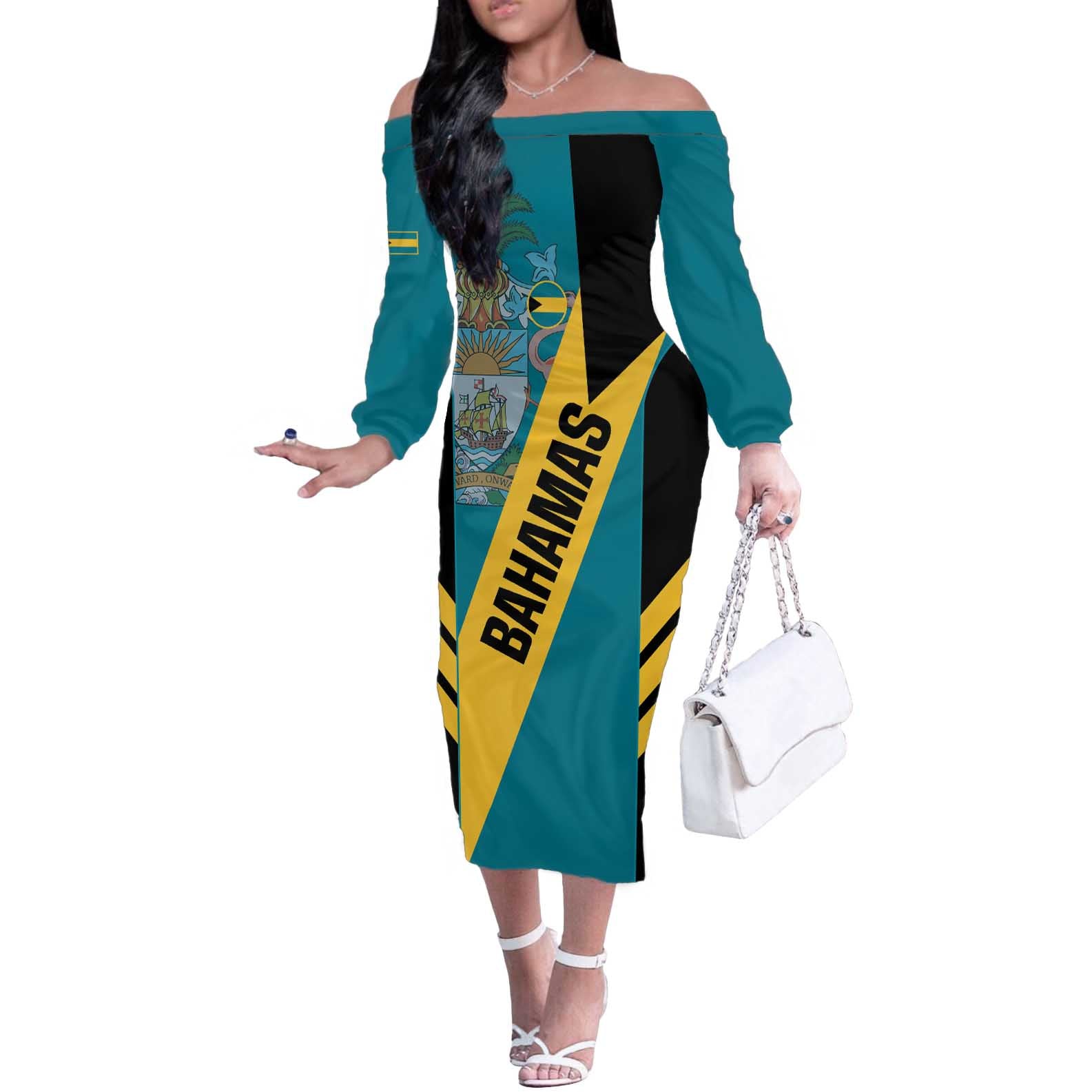 Custom Bahamas Football Off The Shoulder Long Sleeve Dress Go Bahamian Slayersz - Wonder Print Shop