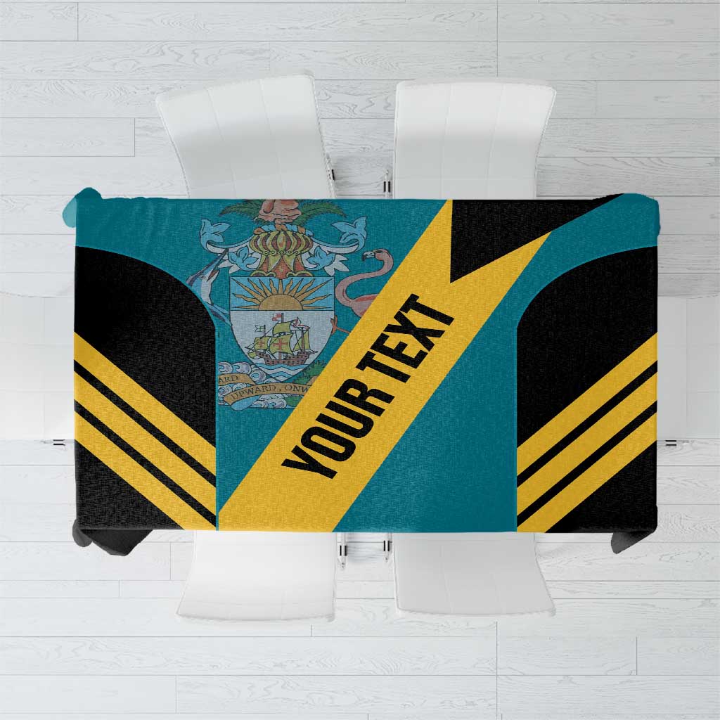 Aquamarine, black and yellow football tablecloth with bold diagonal stripes and text.