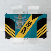 Aquamarine, black and yellow football tablecloth with bold diagonal stripes and text.