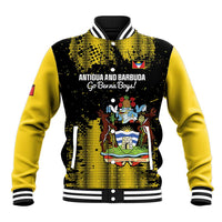 Yellow and black varsity baseball jacket, snap buttons, striped ribbed collar, front graphic