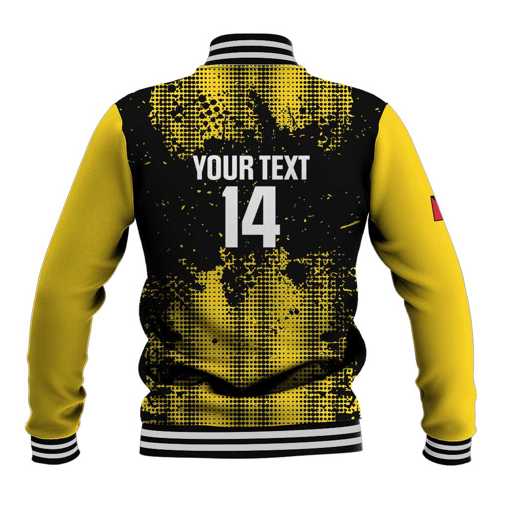 Yellow and black varsity baseball jacket, striped ribbed collar and hem, back 'YOUR TEXT 14'
