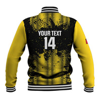 Yellow and black varsity baseball jacket, striped ribbed collar and hem, back 'YOUR TEXT 14'