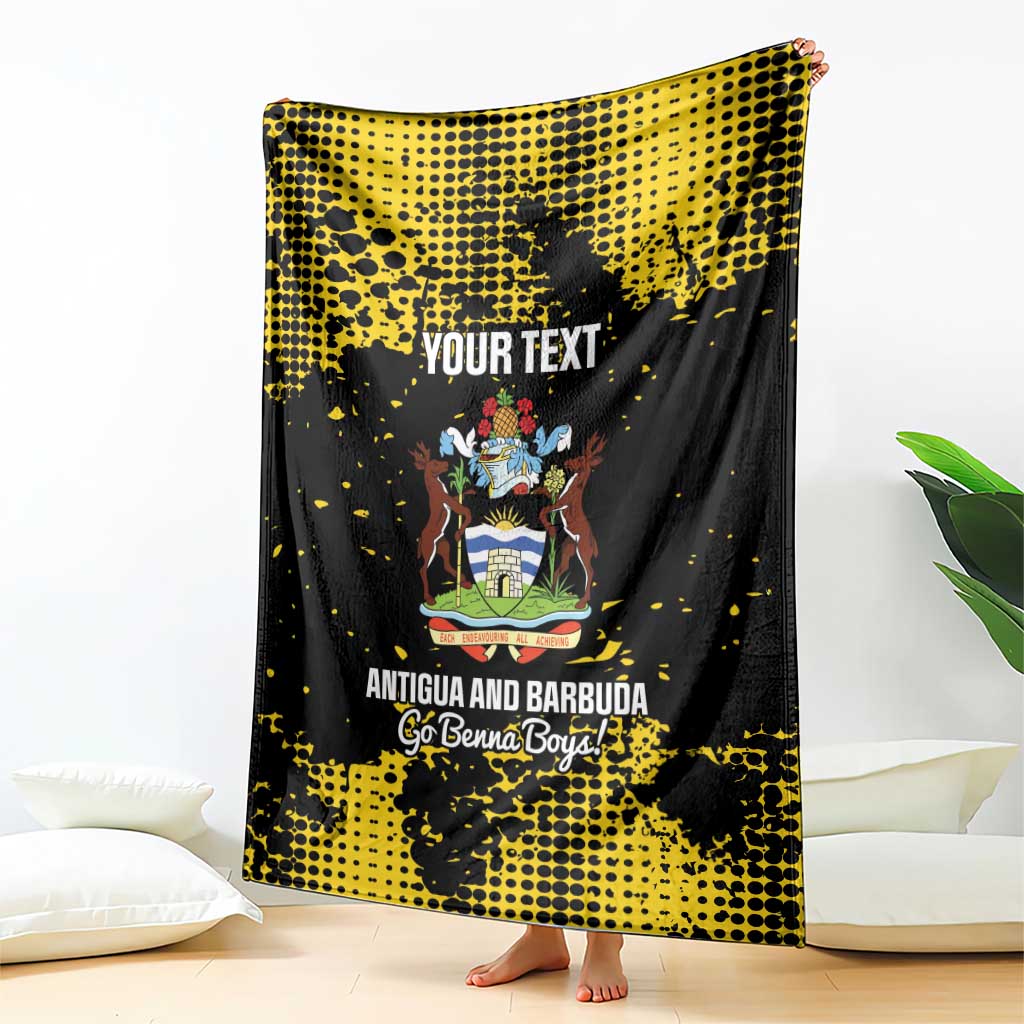 Custom football blanket in black and yellow with Antigua crest and “YOUR TEXT” print