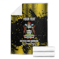 Custom football blanket set with black-and-yellow design, Antigua crest, and “YOUR TEXT”