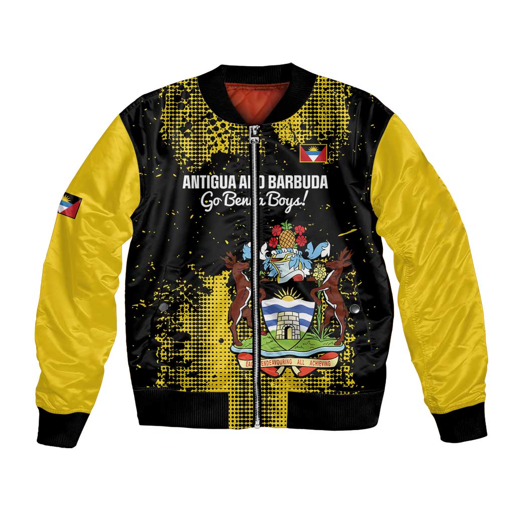 Boys unisex football bomber jacket, black and yellow with front zipper and emblem graphic.