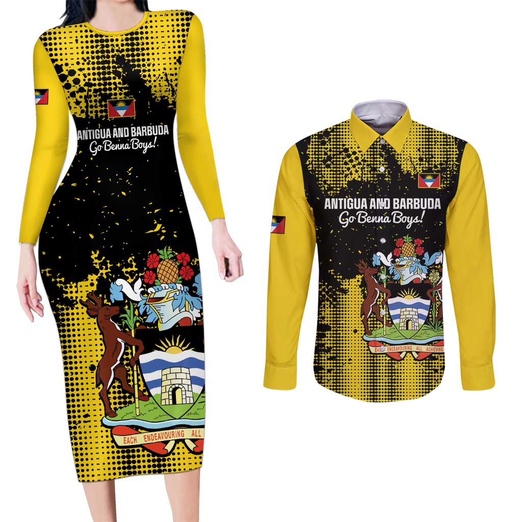 Custom Antigua and Barbuda Football Couples Matching Long Sleeve Bodycon Dress and Long Sleeve Button Shirt Go Benna Boys