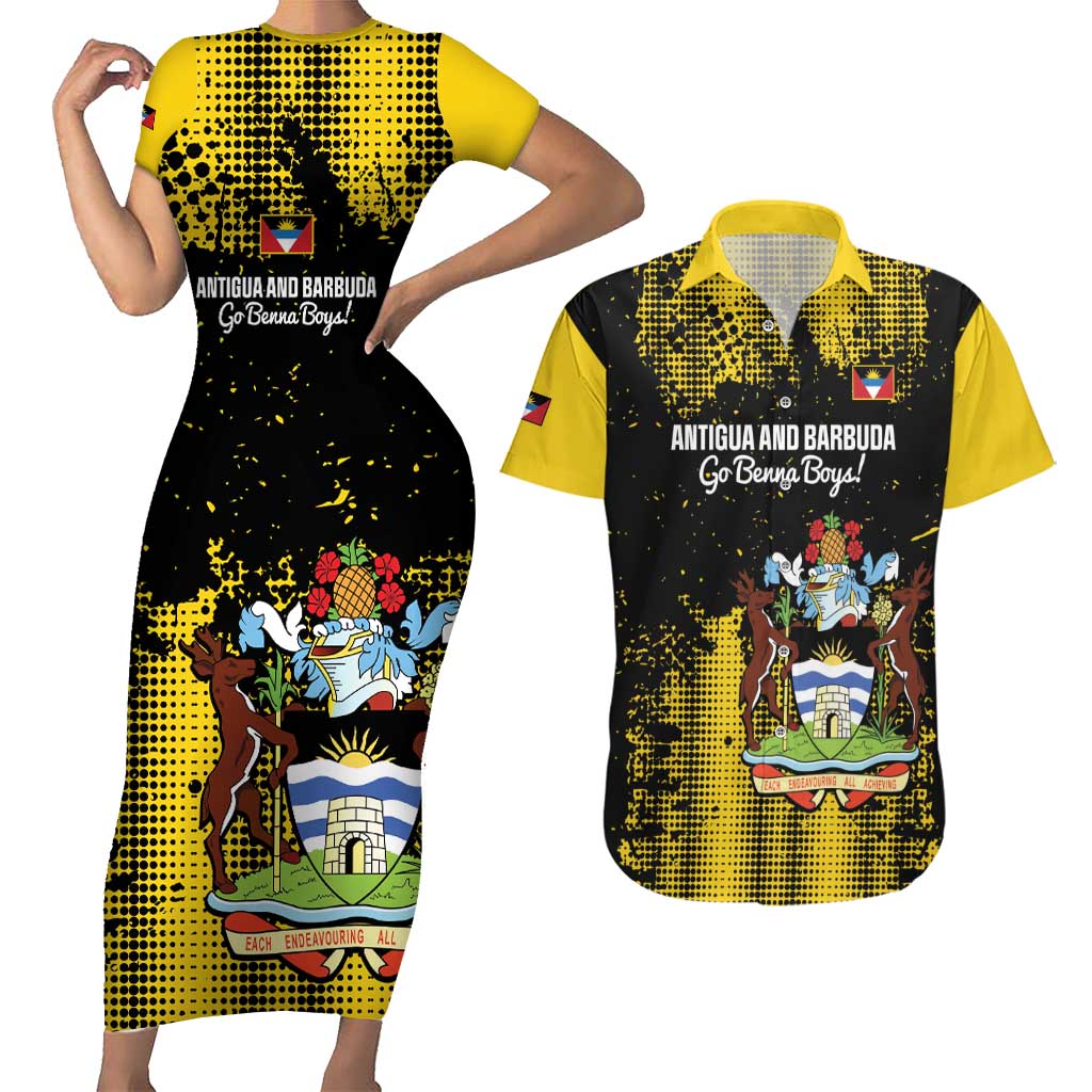 Custom Antigua and Barbuda Football Couples Matching Short Sleeve Bodycon Dress and Hawaiian Shirt Go Benna Boys