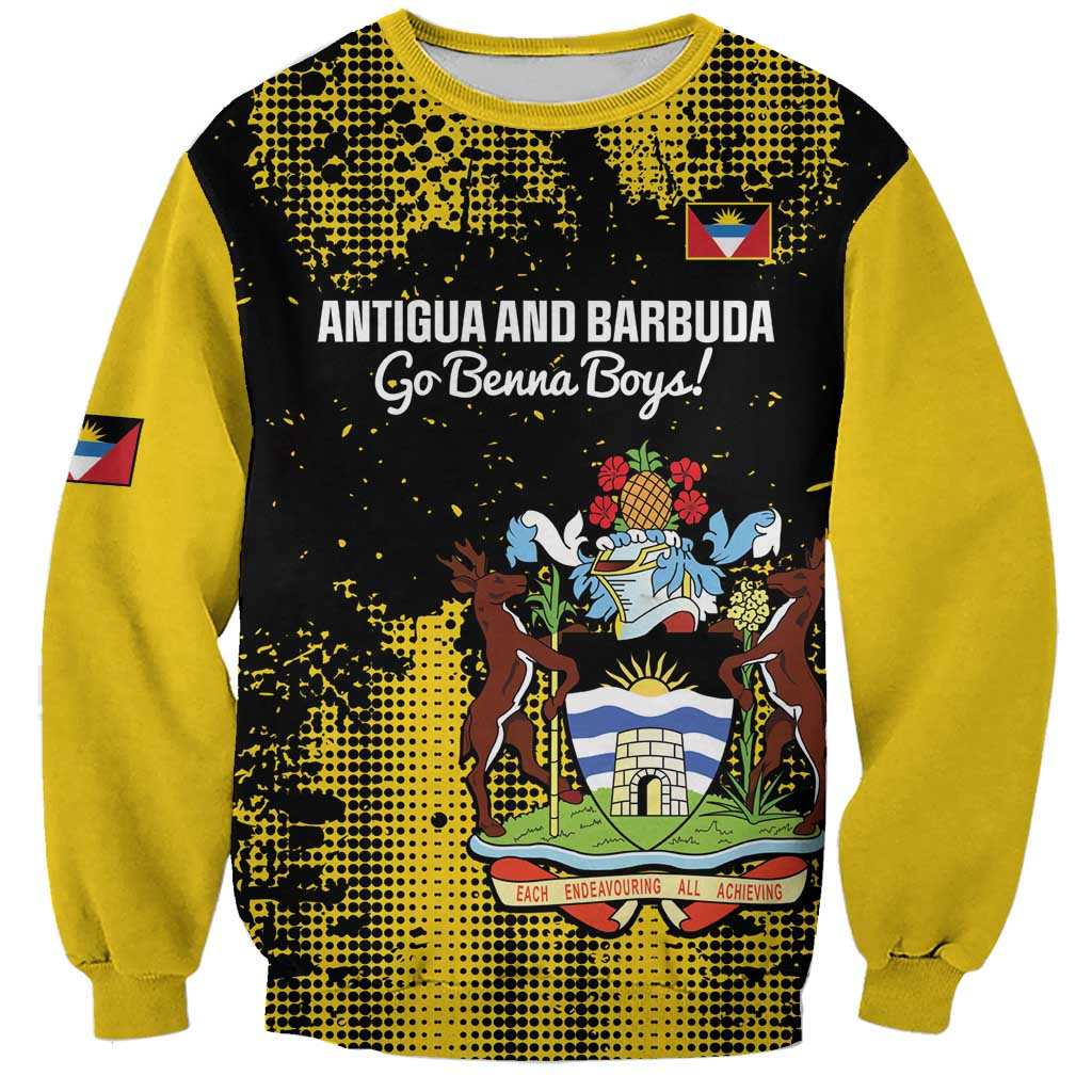 Custom Antigua and Barbuda football sweatshirt, black front with yellow speckle graphic, crewneck