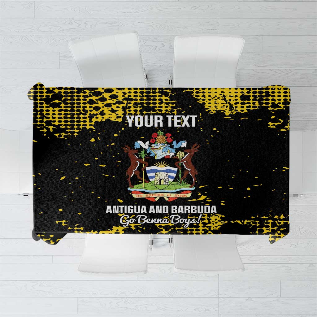 Custom tablecloth, black with yellow speckled pattern and crest graphic