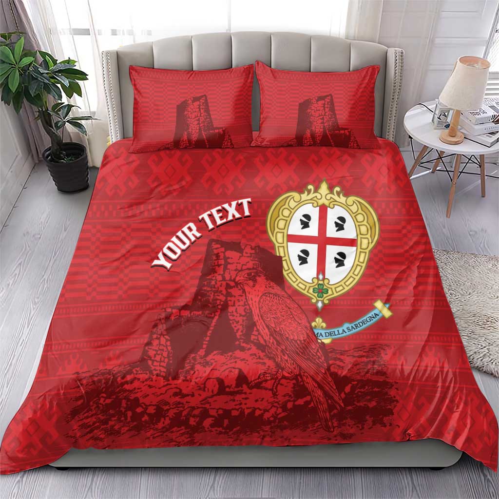 Red duvet bedding set with two pillows: 'YOUR TEXT' and Nuraghe falcon crest