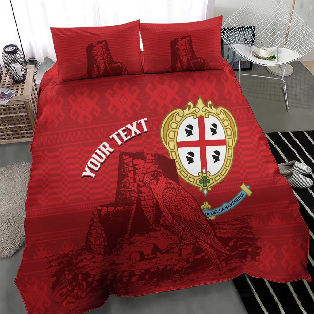 Red bedding set with two pillows, 'YOUR TEXT' artwork featuring Nuraghe falcon crest