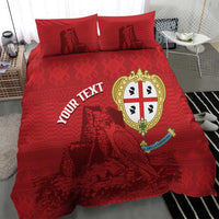 Red bedding set with two pillows, 'YOUR TEXT' artwork featuring Nuraghe falcon crest