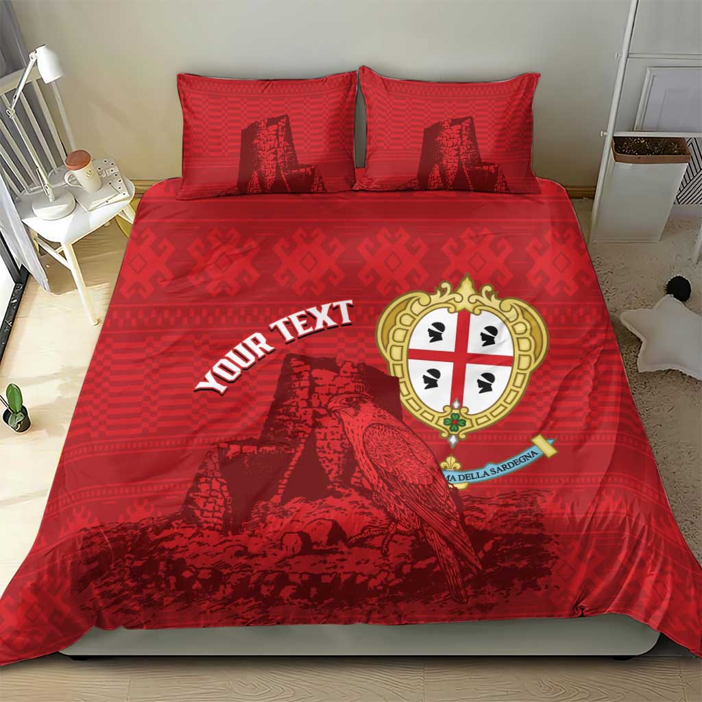 Red bedding set with two pillows, 'YOUR TEXT' and Nuraghe falcon crest emblem