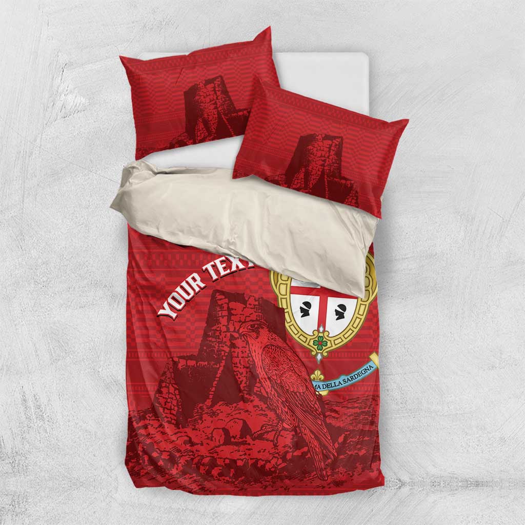 Red bedding set with two pillows: 'YOUR TEXT' and Nuraghe falcon crest design