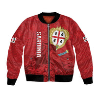 Red bomber jacket with front zip and large Sardinia crest graphic, sleeve flag patches