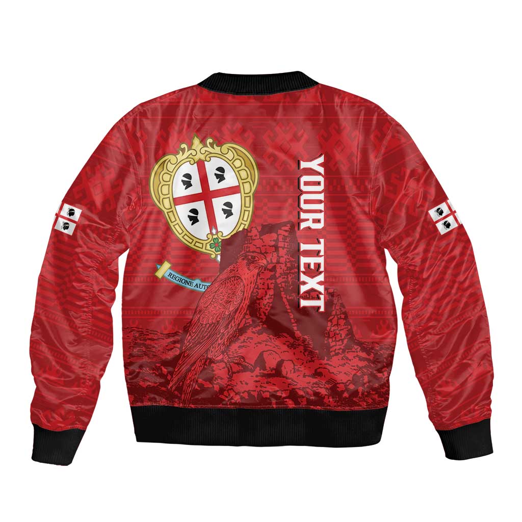 Red bomber jacket back with Sardinia crest, mountain-style graphic and black ribbed hem