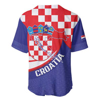 Blue baseball jersey back view with red checkerboard, map and crest graphic, button front