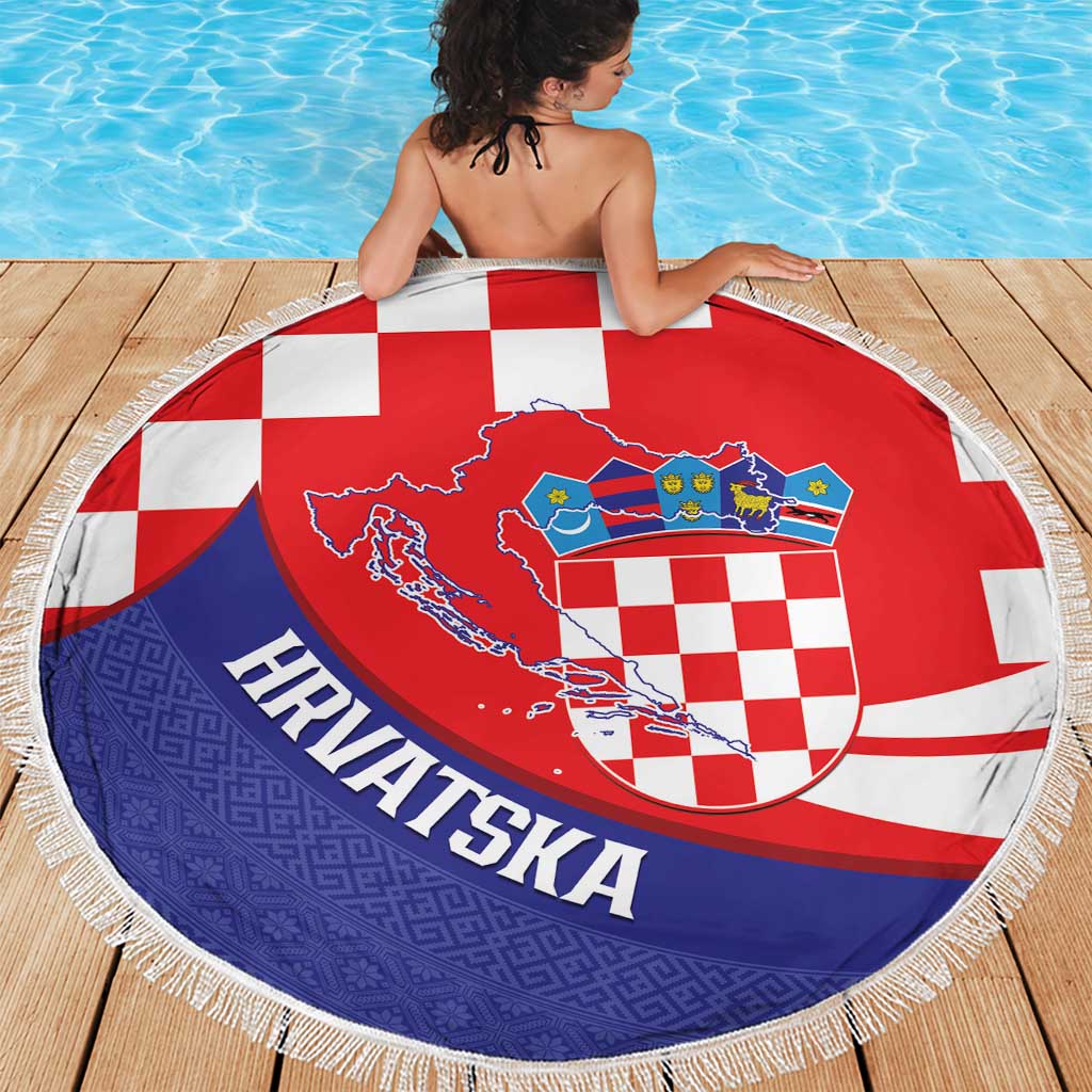 Croatia National Day Beach Blanket Hrvatska Checkerboard With Slavic Pattern