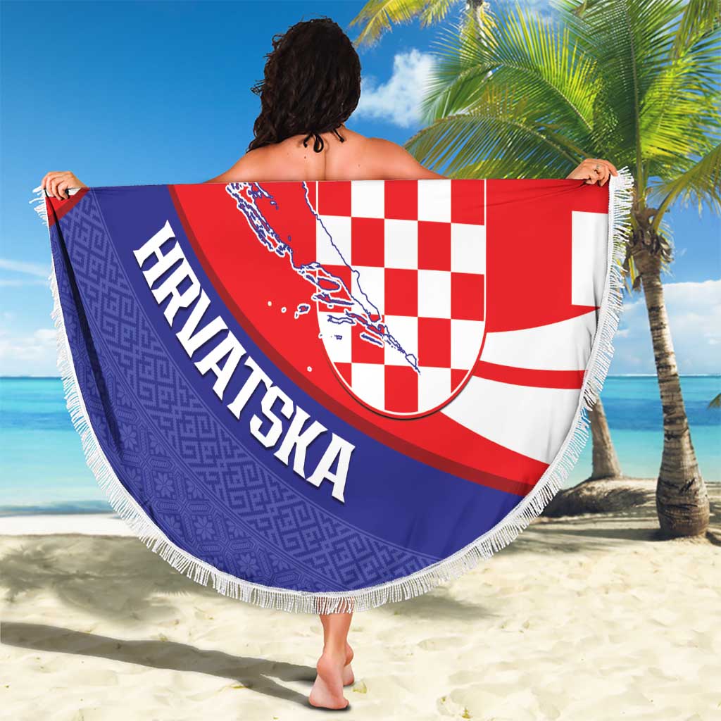 Croatia National Day Beach Blanket Hrvatska Checkerboard With Slavic Pattern