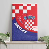 Croatia canvas wall art showing red-white checkerboard, crest shield, and blue map artwork