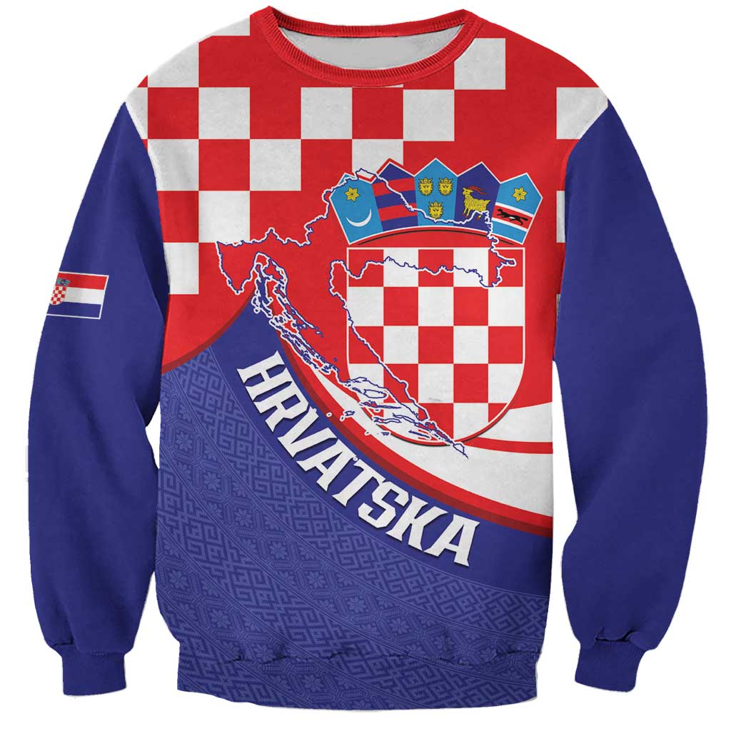 Croatia National Day Sweatshirt Hrvatska Checkerboard With Slavic Pattern