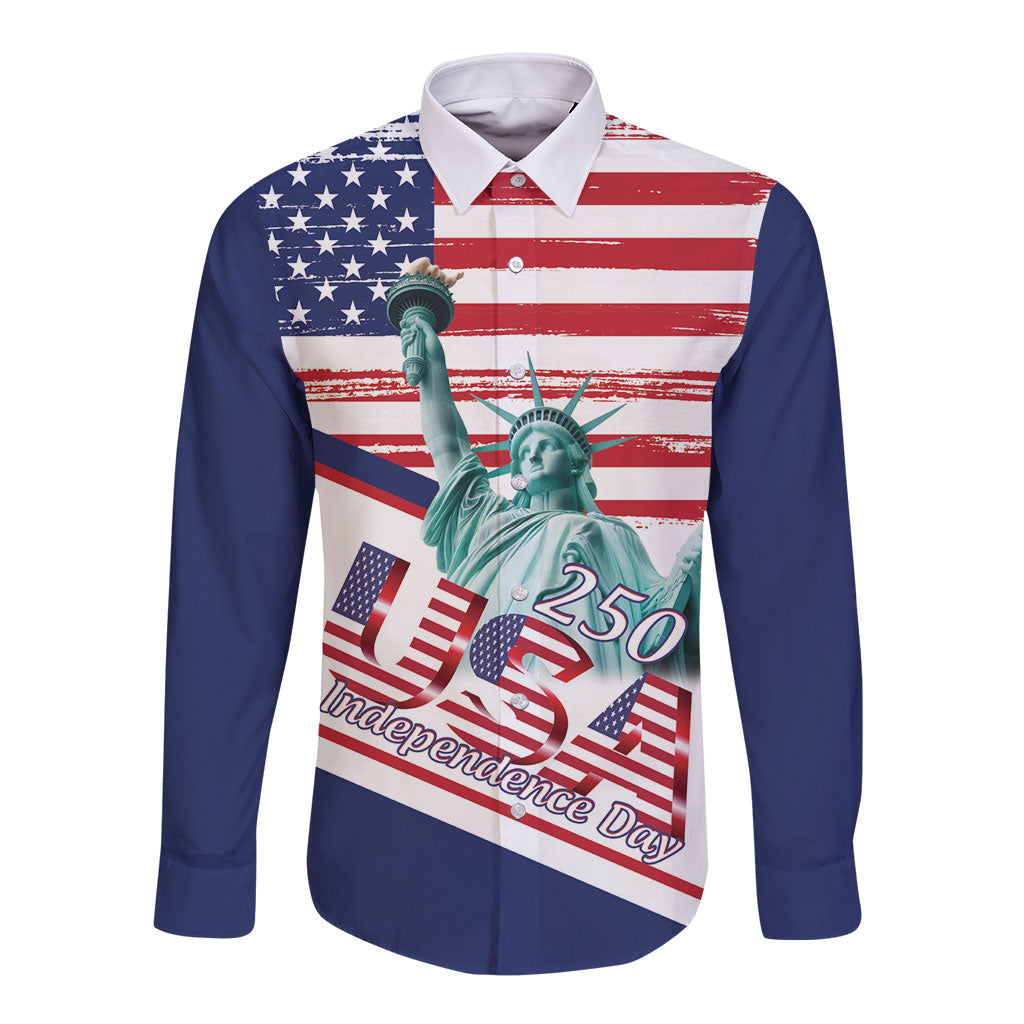4th Of July United States Long Sleeve Button Shirt USA 250 Years Anniversary Statue Of Liberty