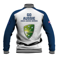 Unisex baseball jacket back view with blue shoulders, Go Aussie 2023 Ashes Series print