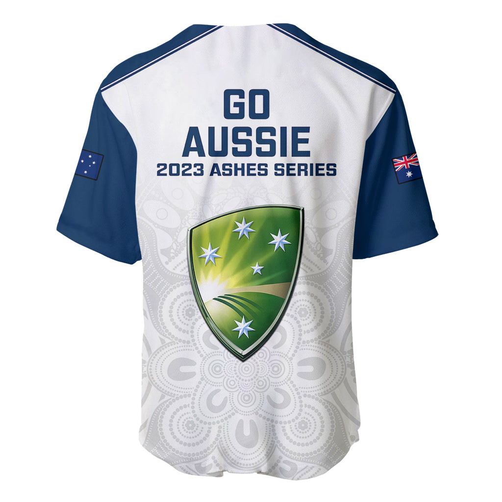 White cricket-style baseball jersey with blue shoulders, back 'Go Aussie' graphic and crest