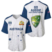 White cricket baseball jersey set: front 'Australia' and back 'Go Aussie' with blue accents