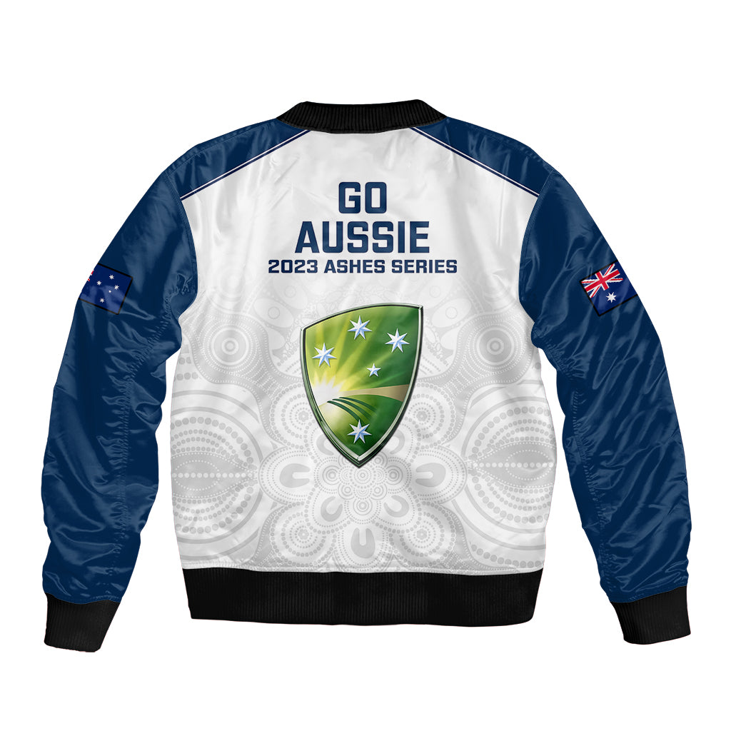 White and navy bomber jacket with full zip, ribbed hem, and back GO AUSSIE shield
