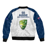 White and navy bomber jacket with full zip, ribbed hem, and back GO AUSSIE shield