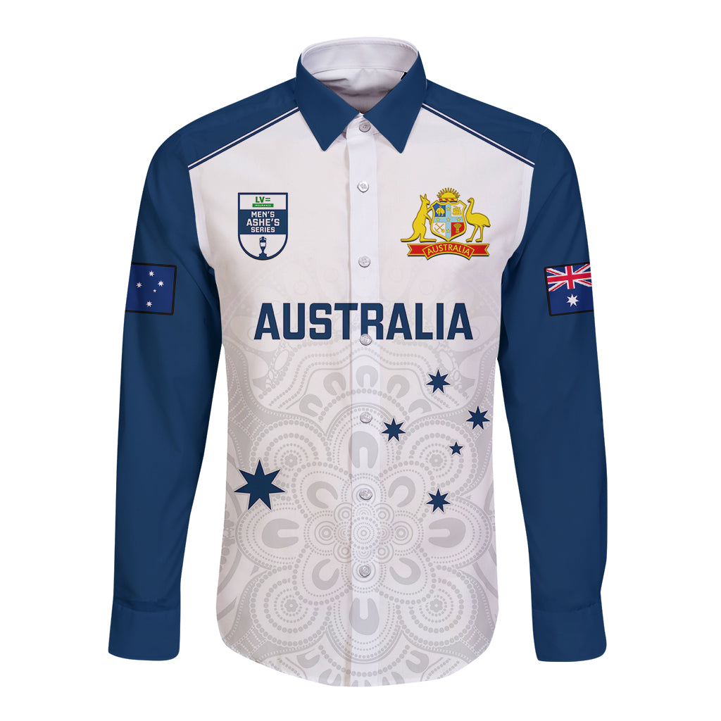 White/navy long-sleeve cricket button shirt, front print Australia with kangaroo crest and stars