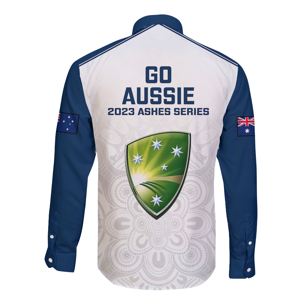 White/navy long-sleeve cricket button shirt, back print: Go Aussie with green shield