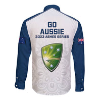 White/navy long-sleeve cricket button shirt, back print: Go Aussie with green shield
