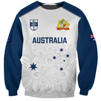 Unisex crewneck sweatshirt with Australia front graphic, white body and navy sleeves