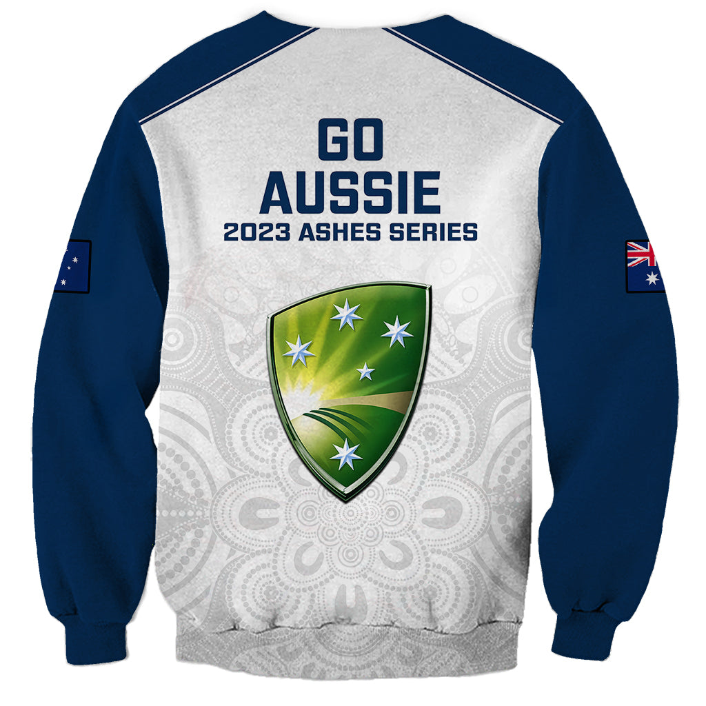 Unisex crewneck sweatshirt with Go Aussie back text and shield graphic, white and navy