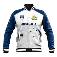 Baseball jacket with white front, blue sleeves, snap buttons, striped collar, Australia crest