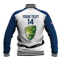 Baseball jacket back with YOUR TEXT 14, white-and-blue varsity stripes, green shield graphic