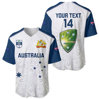 White and navy cricket jersey: front 'AUSTRALIA', back 'YOUR TEXT' 14