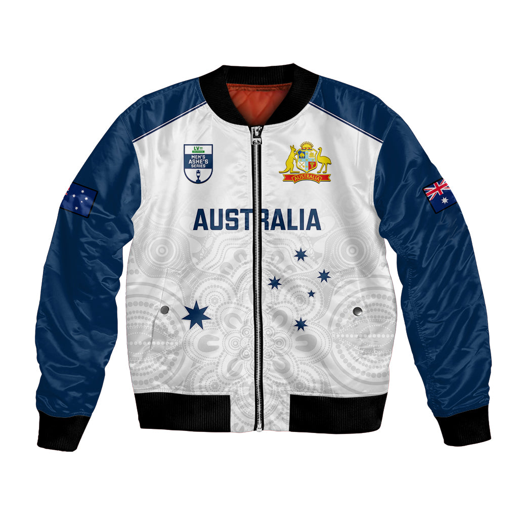 White and navy Australia cricket bomber jacket with full zip, ribbed cuffs, crest on chest